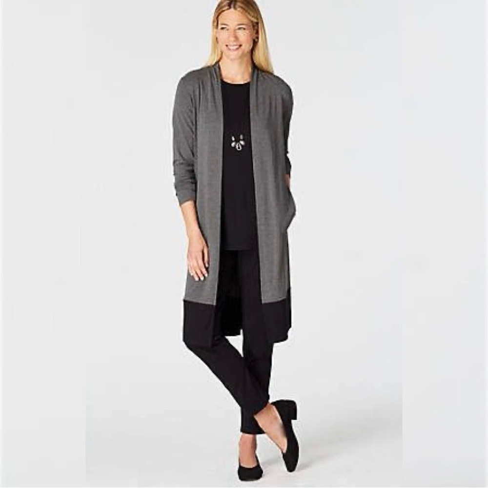 J. Jill Charcoal Black Colorblock Open Front Cardigan Women’s Size S Tall Long